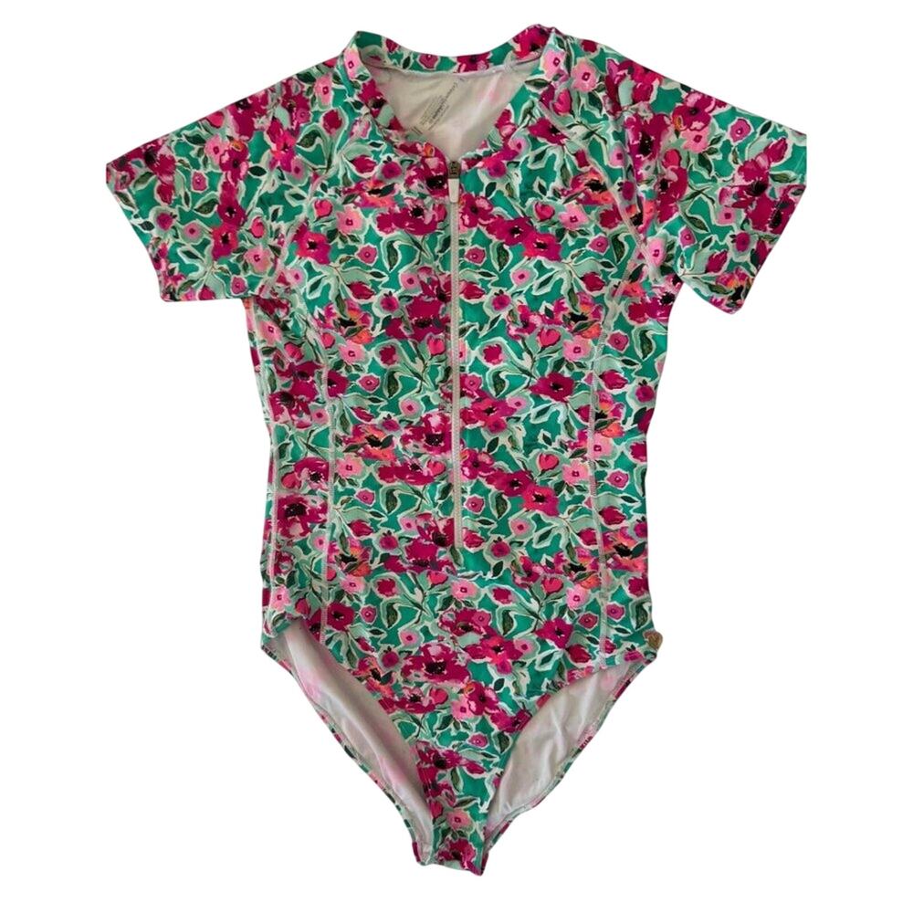 Catherine Maladrino Floral Short-Sleeve ZipFront One-Piece Swimsuit Women L Pin